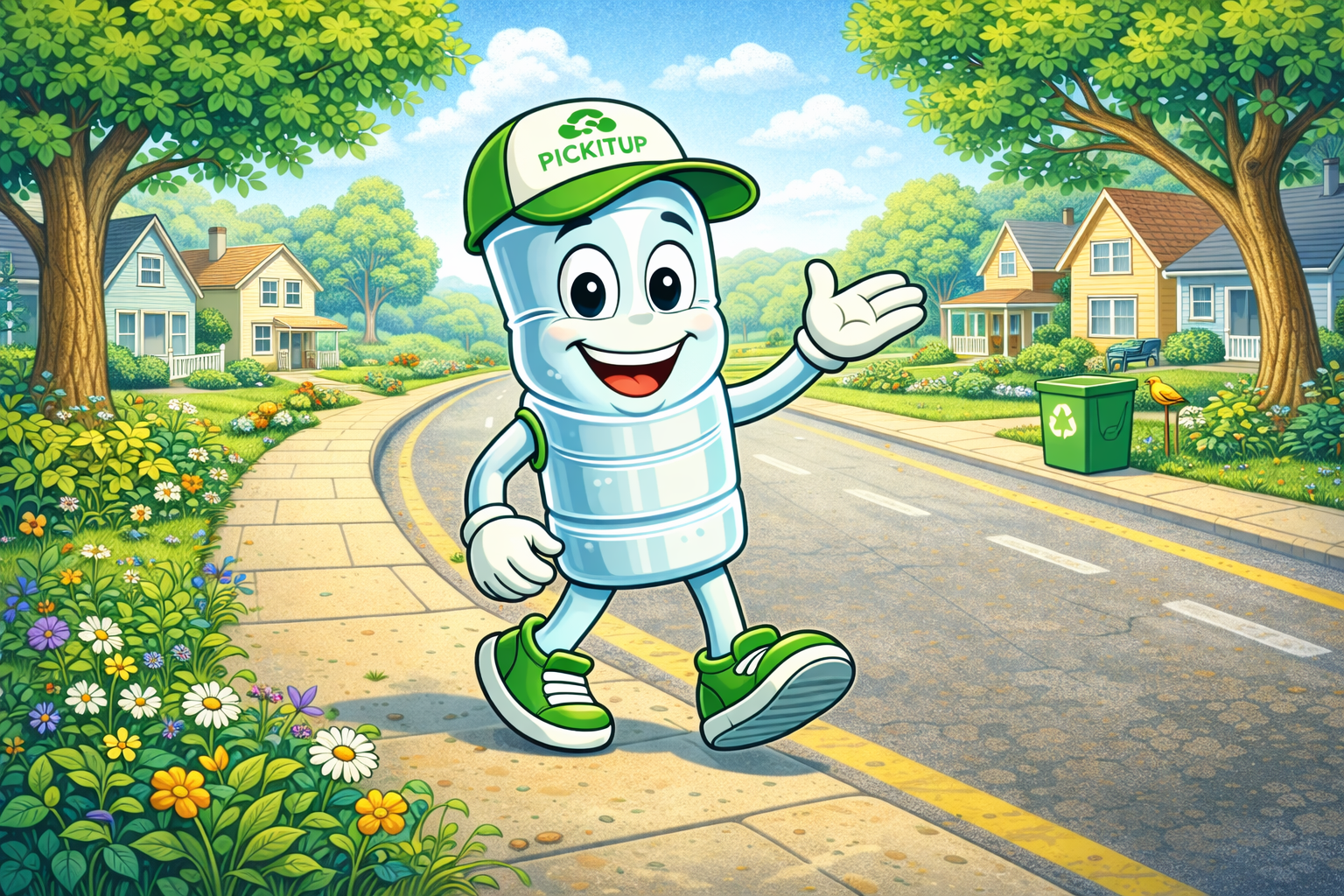 Pick Up Pete, the Water Bottle recycling character wearing a green cap labeled 'PICK IT UP', greets while walking along a neighborhood sidewalk on a sunny day. There are colorful flowers, trees, and houses.