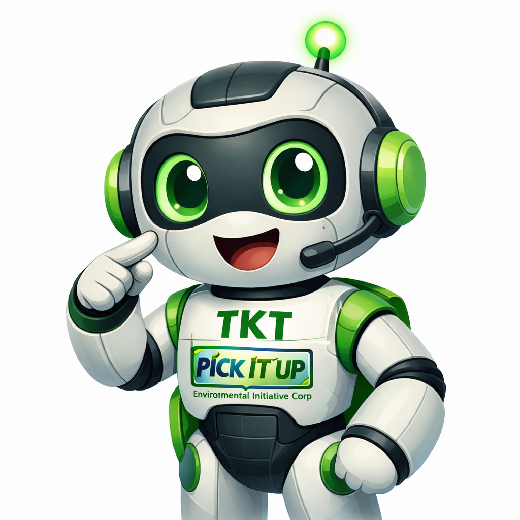 A cartoon robot with big green eyes, a headset with microphone, and a friendly expression, wearing a shirt with the text "TKT PICK IT UP Environmental Initiative Corp."
