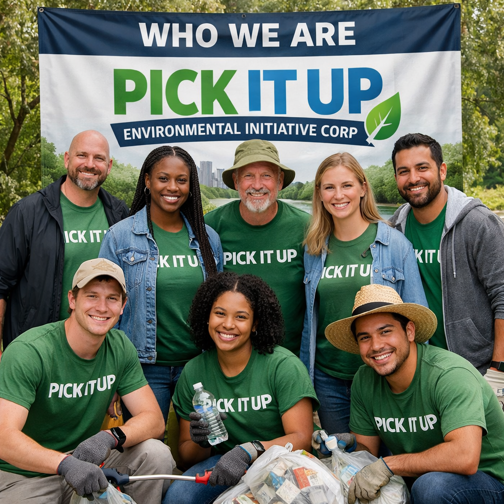 A diverse group of nine volunteers wearing matching green T-shirts with "PICK IT UP" printed on them, gathered outdoors for a cleanup event, posing for a team photo in front of a banner that reads "WHO WE ARE PICK IT UP ENVIRONMENTAL INITIATIVE CORP." The group is smiling and holding trash bags and bottles, standing in a park with trees and a cityscape in the background.