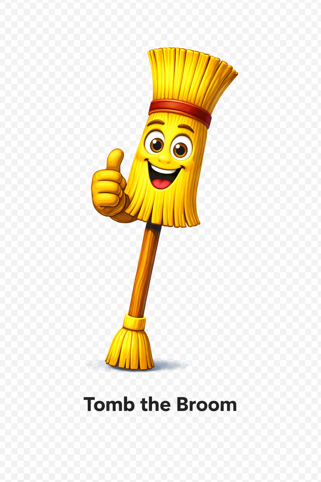 Tomb the broom with a smiling face, giving a thumbs-up gesture, with the text "Tomb the Broom" below.
