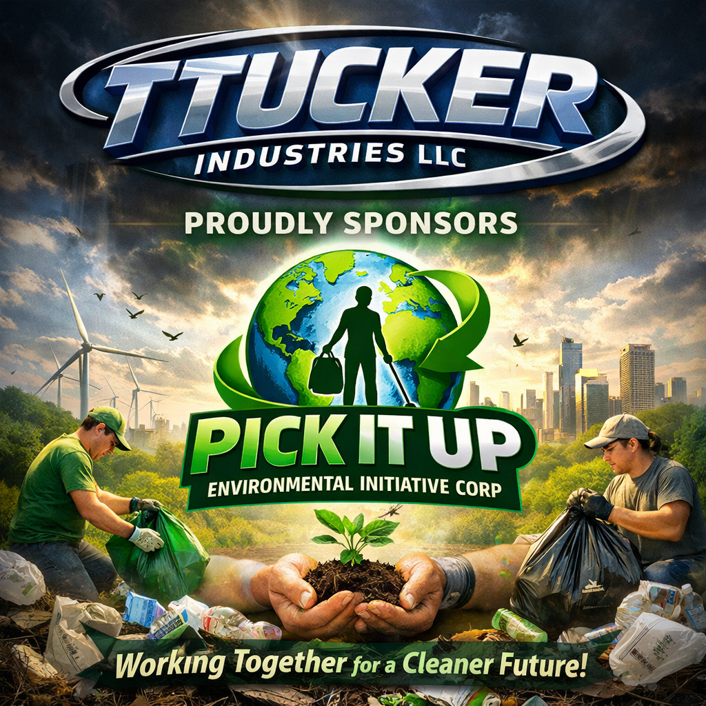 A digital graphic promoting an environmental initiative by Tucker Industries LLC and Pick It Up Environmental Initiative Corp, featuring a person holding a small plant, surrounded by environmental imagery like wind turbines, city skyline, and volunteers collecting trash, with a slogan encouraging working together for a cleaner future.