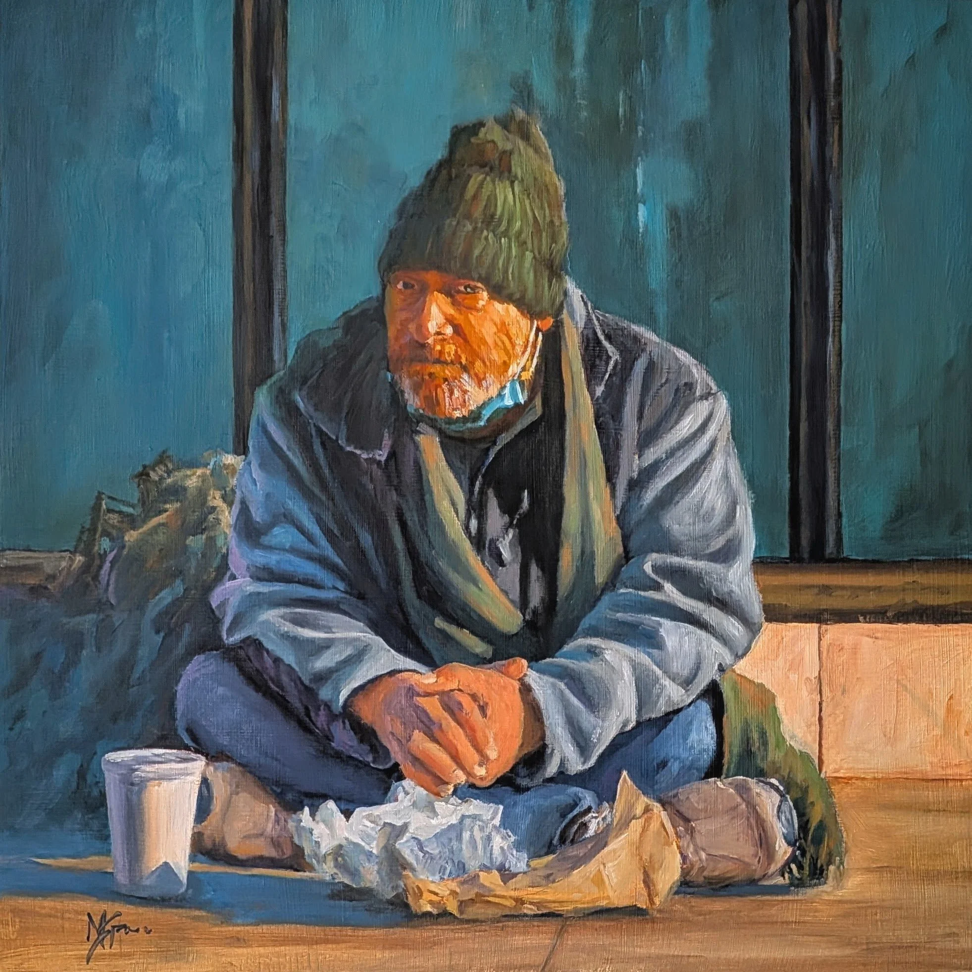 Painting of an older man with a beard, wearing a green knit cap and a dark jacket, sitting outdoors on a wooden surface with a green background.