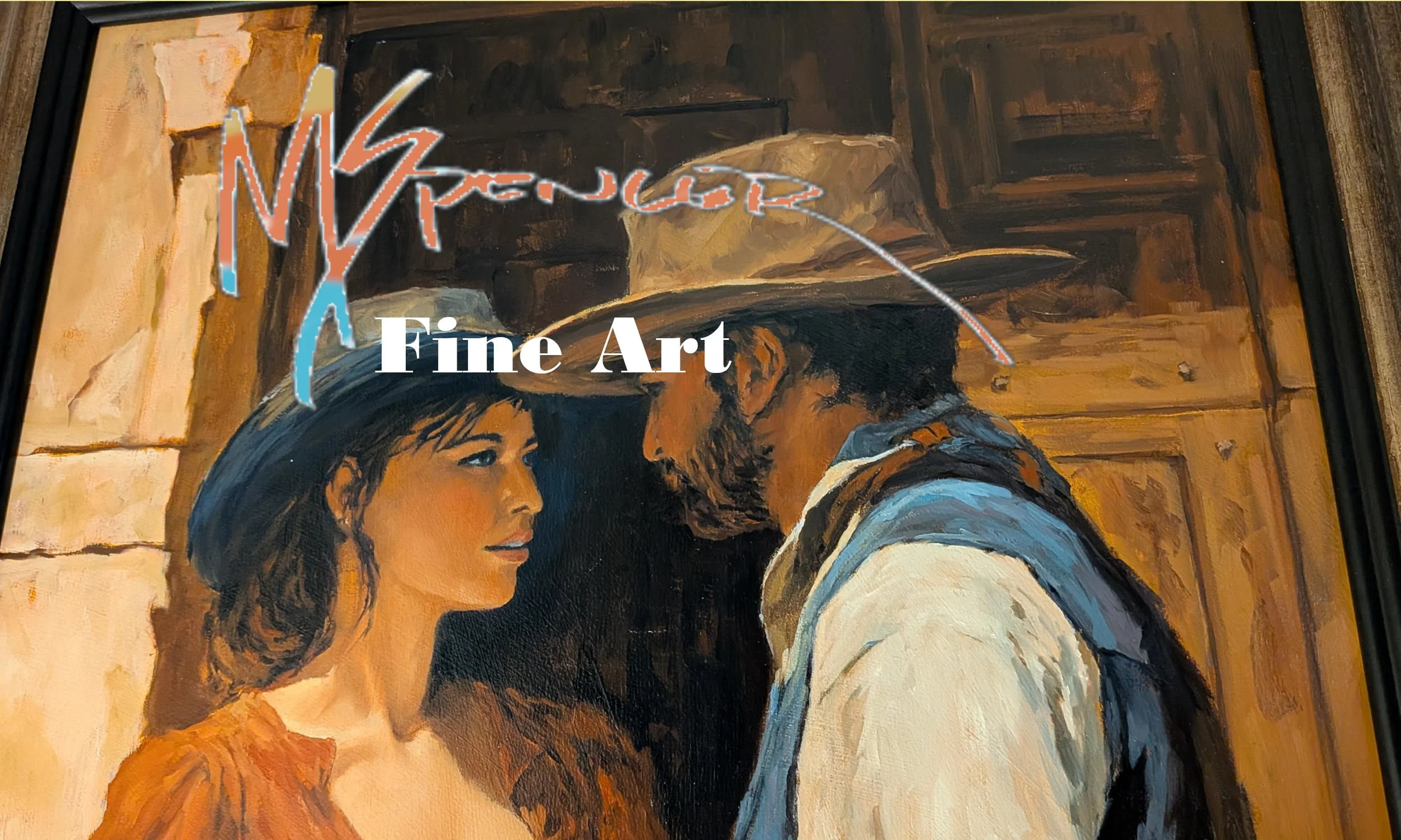 Painting of a man and woman wearing cowboy hats, facing each other, with the words 'MSpencer' and 'Fine Art' overlaid.