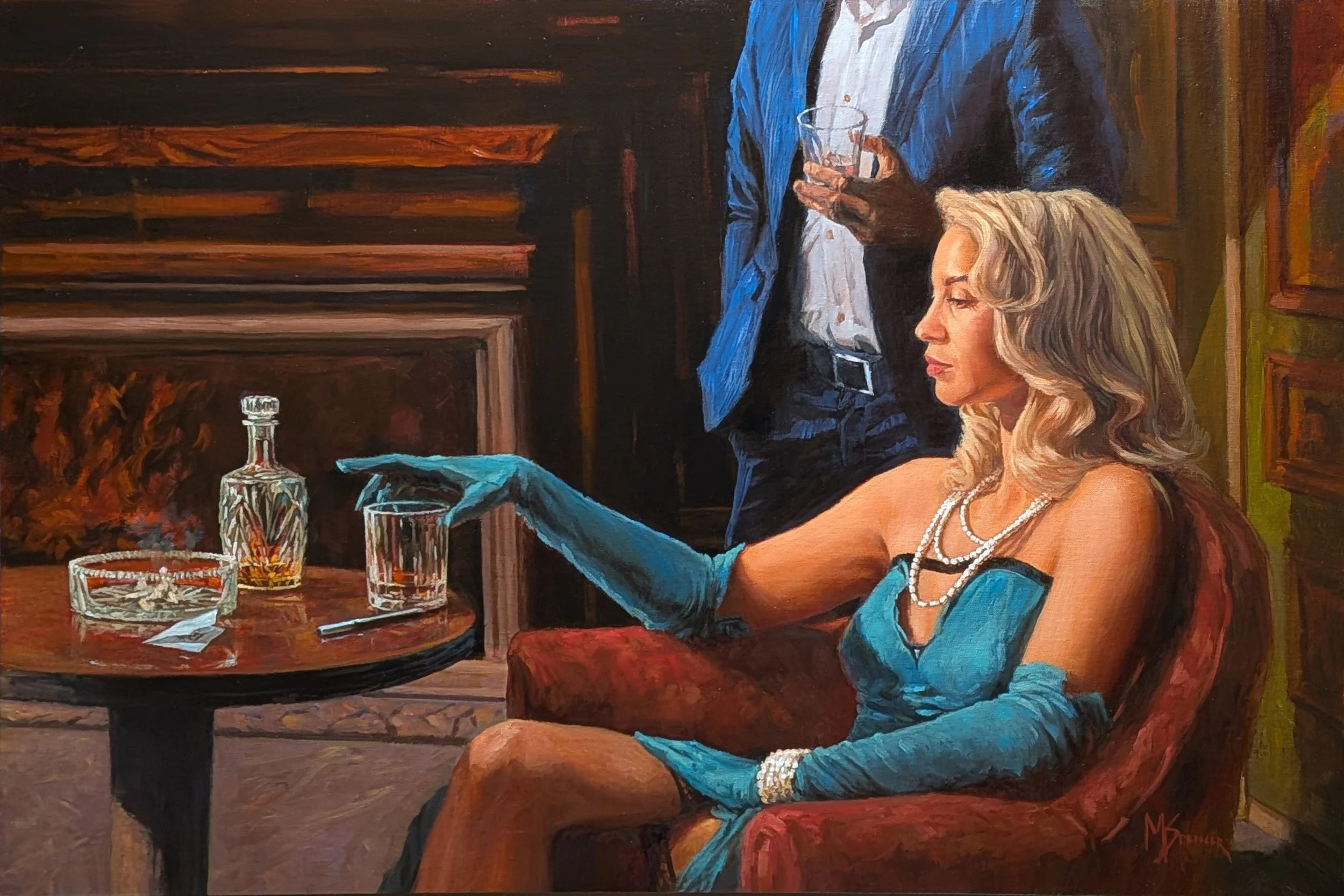 Oil painting of a woman in a blue dress sitting at a table with a drink, and a man standing behind her, holding a glass, both dressed in formal attire.