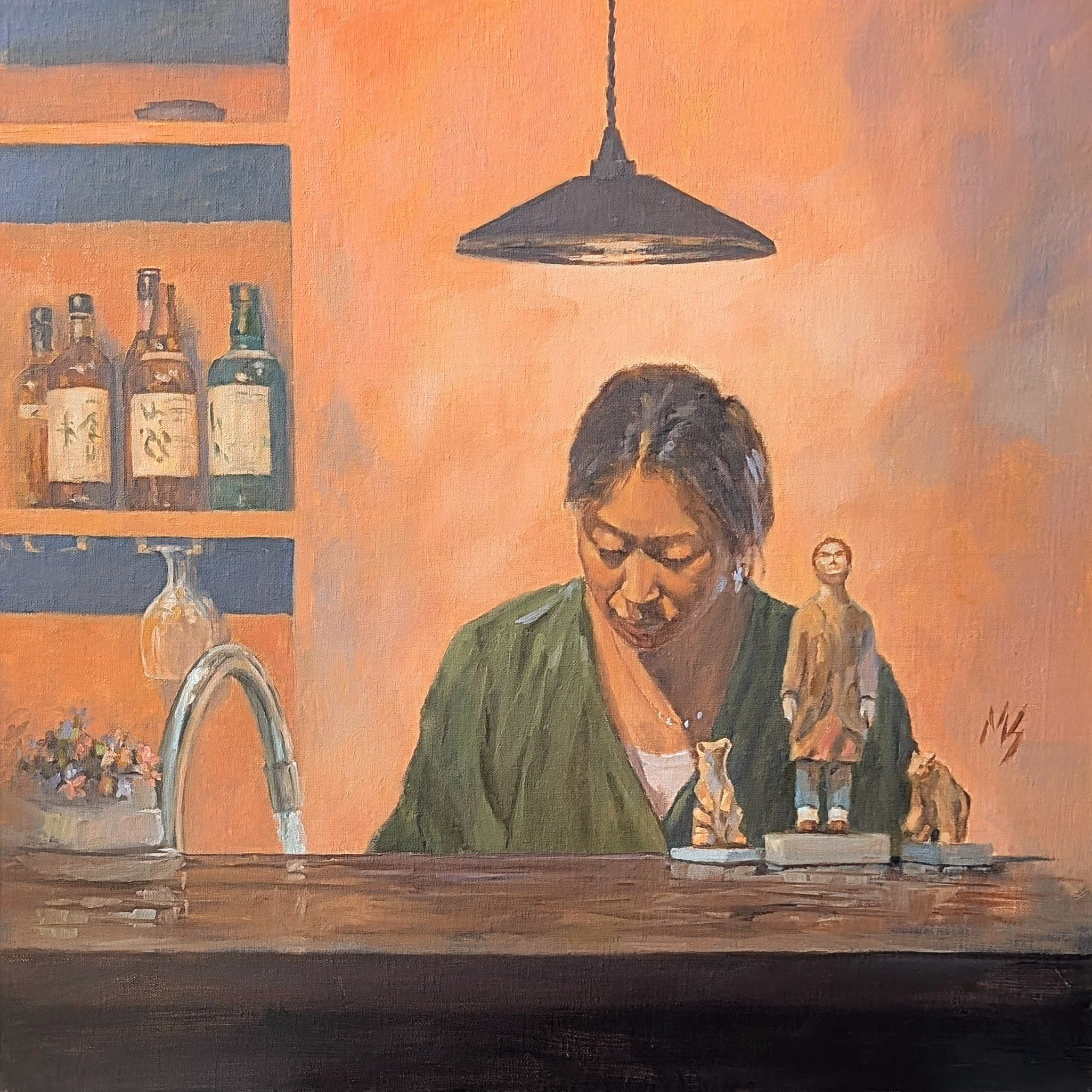 An abstract painting with orange, brown, and dark colors, featuring a portrait of a man with glasses in the lower right, a lamp, shelves, and bottles on the left.