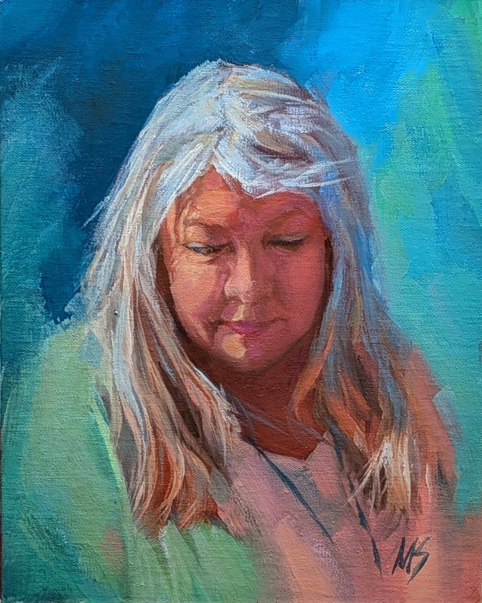 A painting of a woman with long white hair, eyes closed, and her hand touching her face, against a background with shades of blue and green.