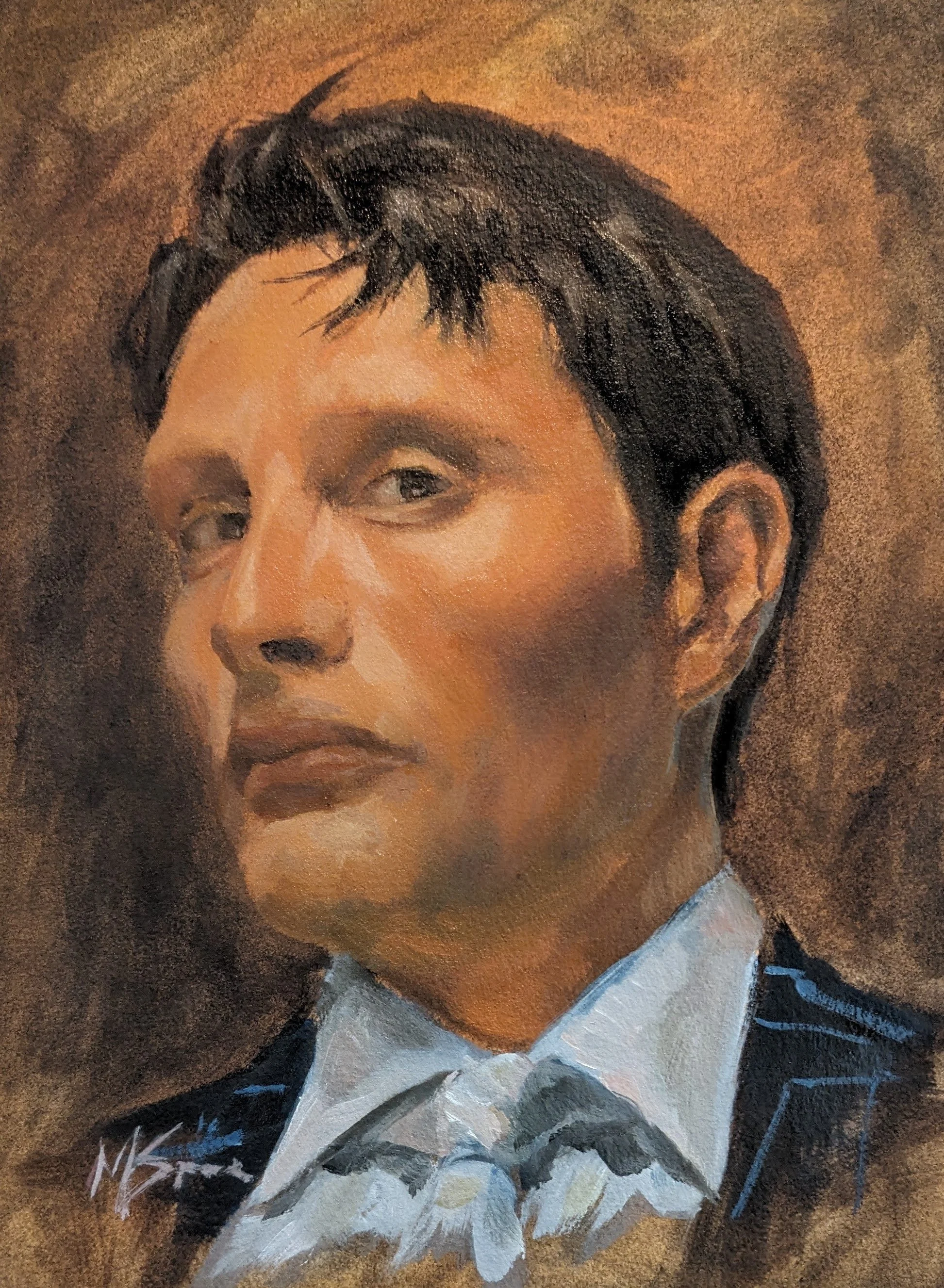 A detailed, realistic oil painting of a young man with short, dark hair, wearing a formal black suit with a white shirt, against a brown textured background.
