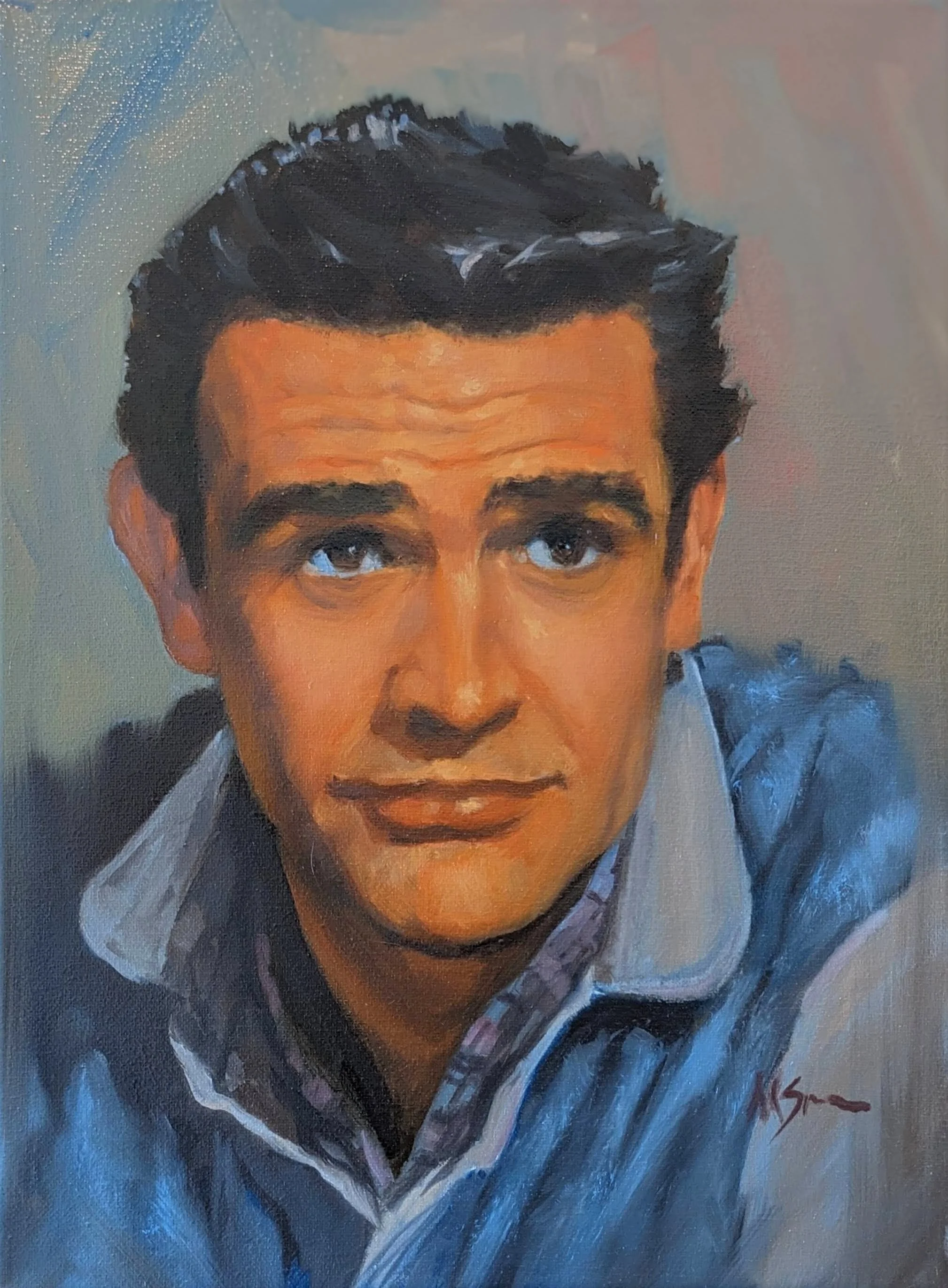 A portrait painting of a young man with dark hair, wearing a blue sweater and a checkered shirt, looking directly at the viewer.