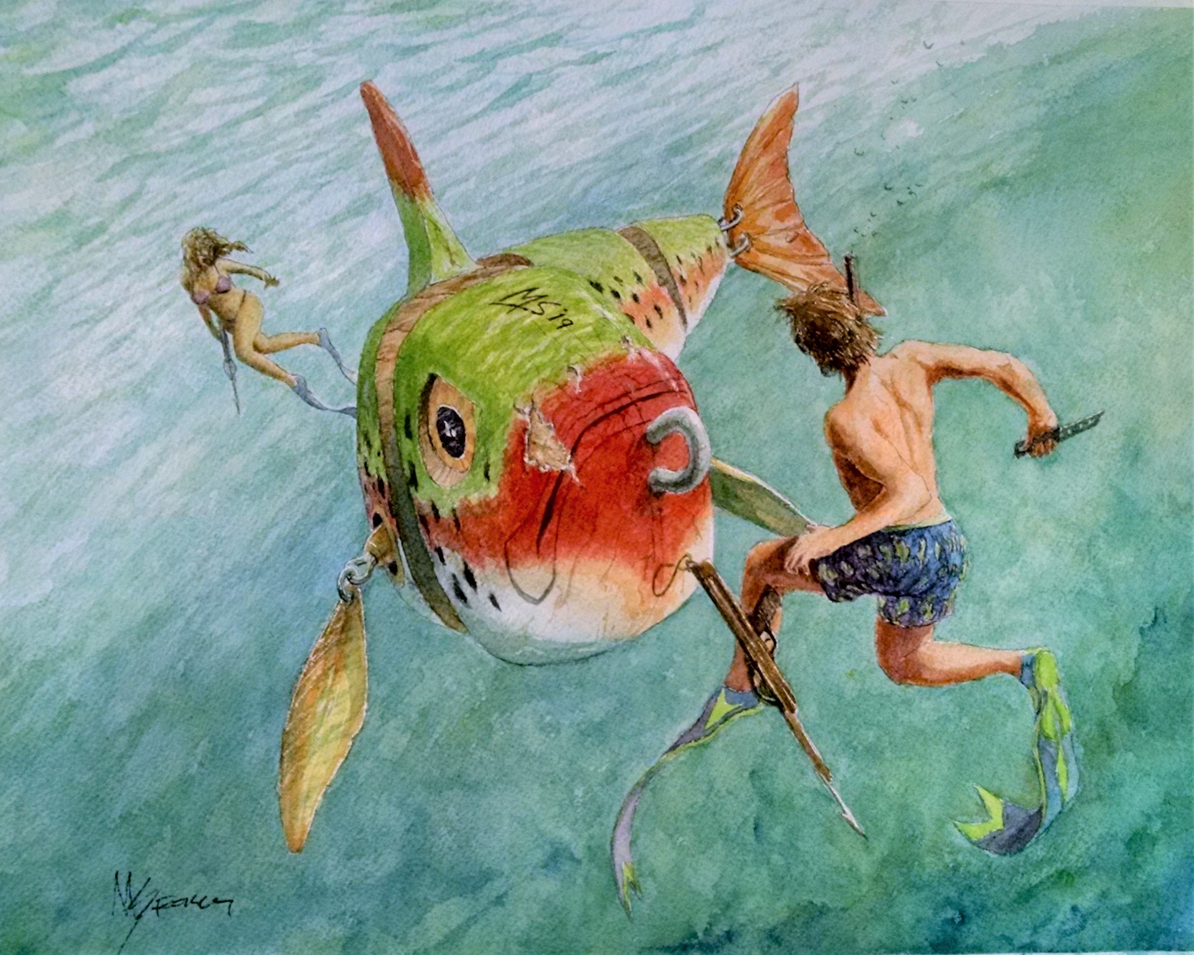 Watercolor painting of a giant fishing lure, two anglers with fishing gear, one man and one woman, battling it in the water.