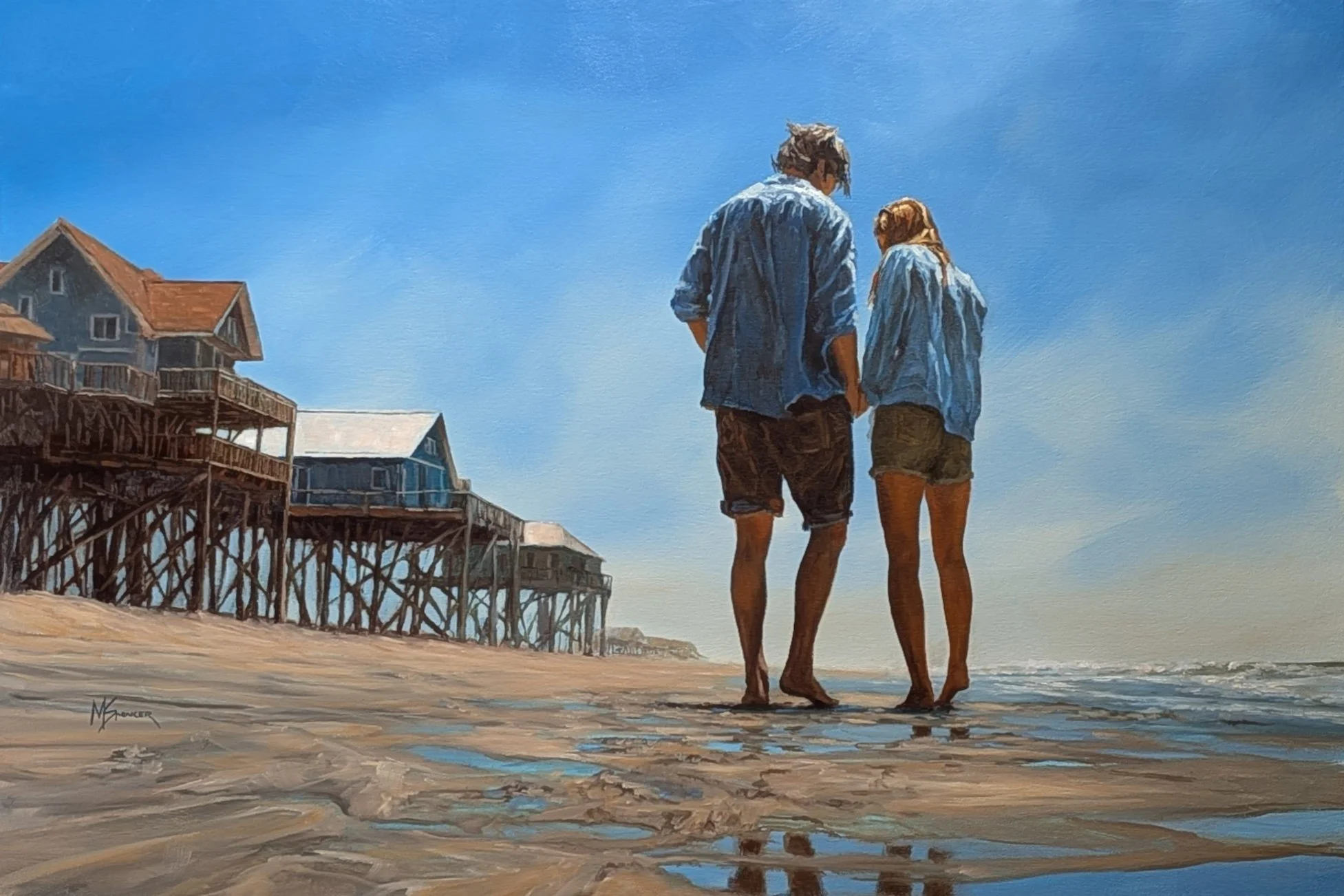 A painting of a man and woman walking on the beach beneath a blue sky, with beach houses on stilts in the background.