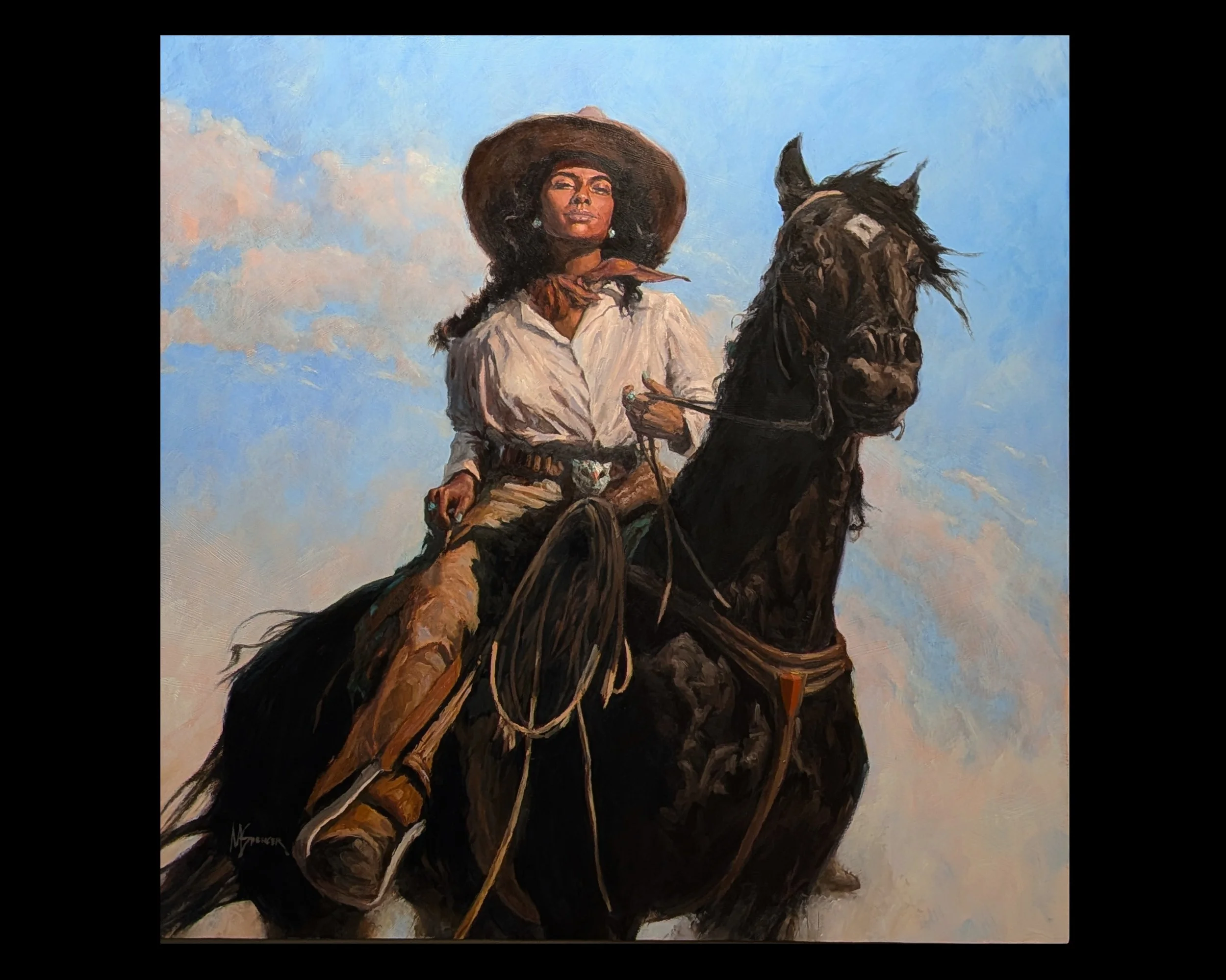 An oil painting of a cowgirl on a black horse