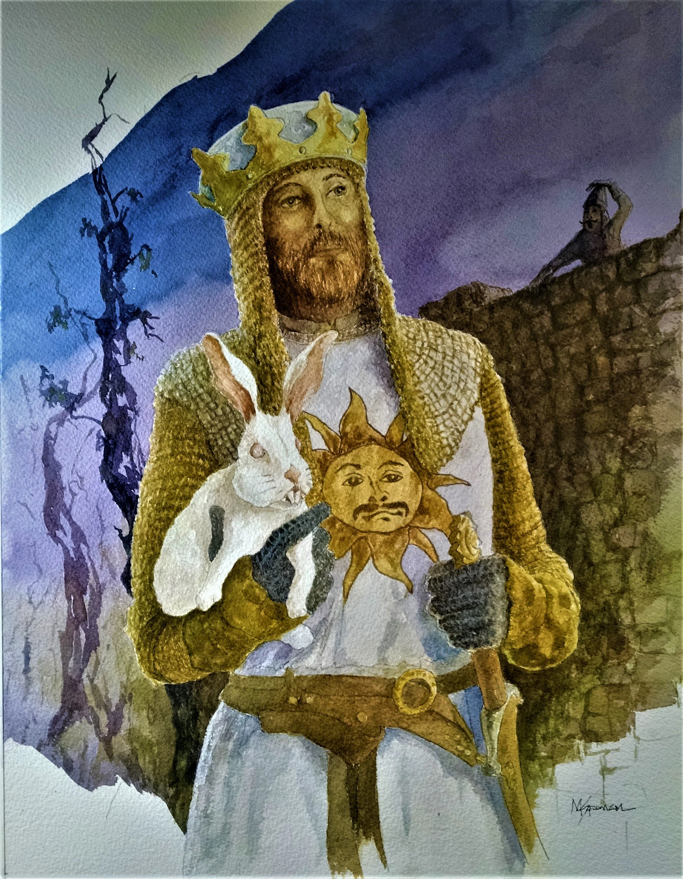 A painting of a King Arthur holding a white rabbit in his left hand and a sword with a detailed sun face in his right hand. In the background, there is a dark purple sky, a leafless tree, and a stone wall with a guard watching.