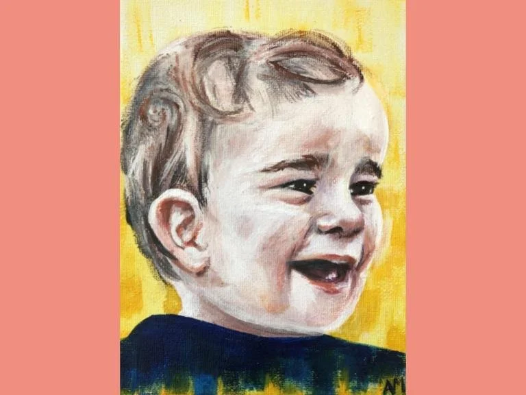 Joyful Child, 2021, acrylic paint on canvas, 7 x 9 in: This piece was made for one of my mother’s colleagues, who was not doing so well, of his child to help him through his tough times.