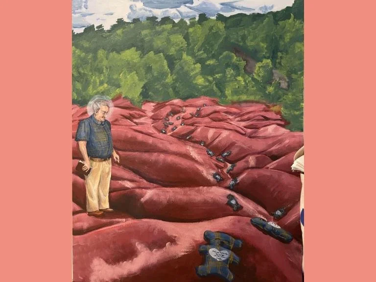 Papa Bear, 2023, acrylic paint on canvas, 24 x 36 in: 
This artwork concentrates on my teddy bear made out of my Papa’s shirt. He passed away about in 2022 and I continue to struggle with the grief and denial. The background of this work is the bad l