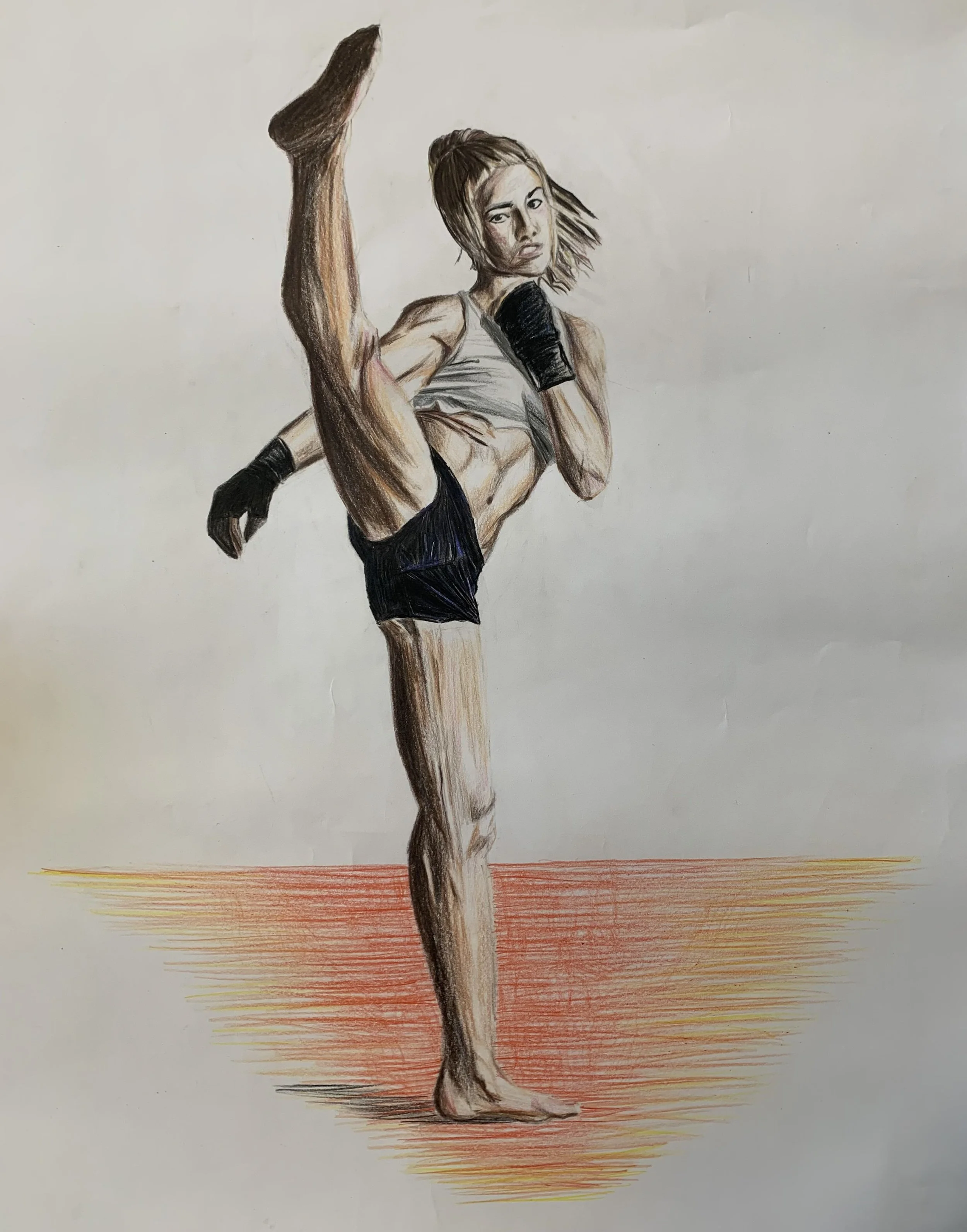 Martial Arts Anatomy Study, 2021, pencil crayon on paper, 18 x 24 in: This is a martial arts themed anatomy study for school, which I chose to represent martial arts because of how they have helped me physically and mentally. 