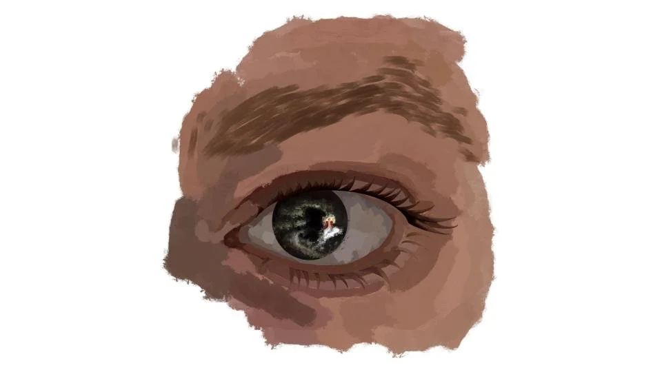 Calming the Storm Within, 2022, digital, 2762 x 2730 px: This piece was made for myself as a way to portray the storm inside of me, through the colour of my eye, and Jesus calming it down. I wanted to draw my eye as a storm because it is the colour o