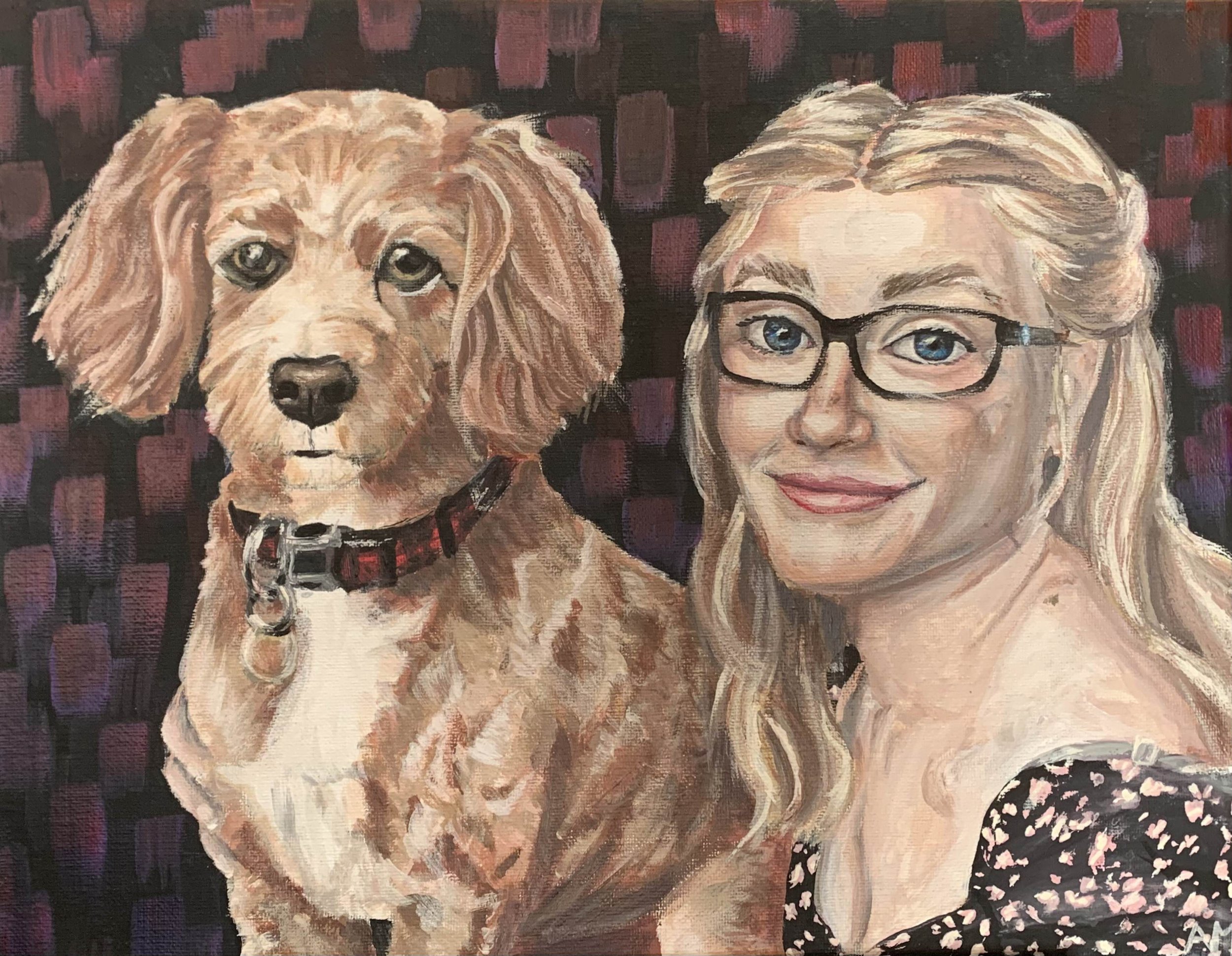 My Dog & I, 2020-2021, acrylic paint on canvas, 14 x 11 in: This artwork depicts me and my dog, Luna, painted beside each other with acrylic on canvas. It explores the theme, present in many of my artworks, of relationships that give us joy.