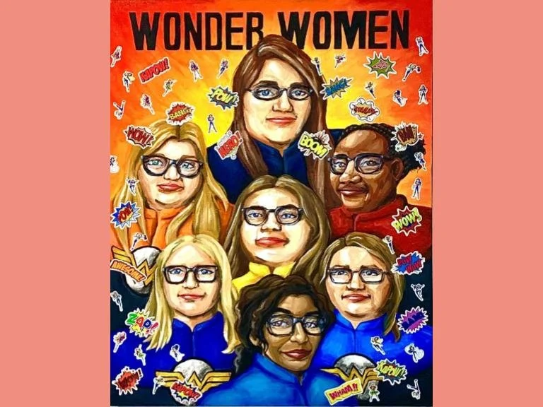 Wonder Women, 2023, acrylic paint on canvas: This was created as my final project for my first year university painting course. It depicts a few of the important women in my life as superheroes. I intended this to show my appreciation and love for th
