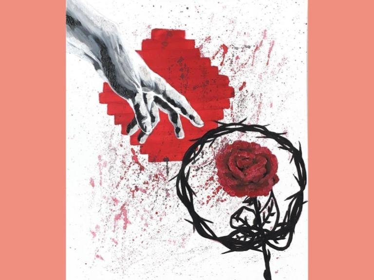 Beauty and Pain, 2022, acrylic paint on canvas, 20 x 24 in: 
This trash-polka inspired artwork was made for a progressing movie that my uncle was working on.