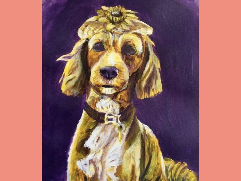 Luna, 2020, acrylic paint on paper, 5.5 x 8.5 in:  This portrait, made as a study of complementary colours for school, portrays the theme of joyful relationships and memories by showing my dog wearing my childhood stuffy hat.