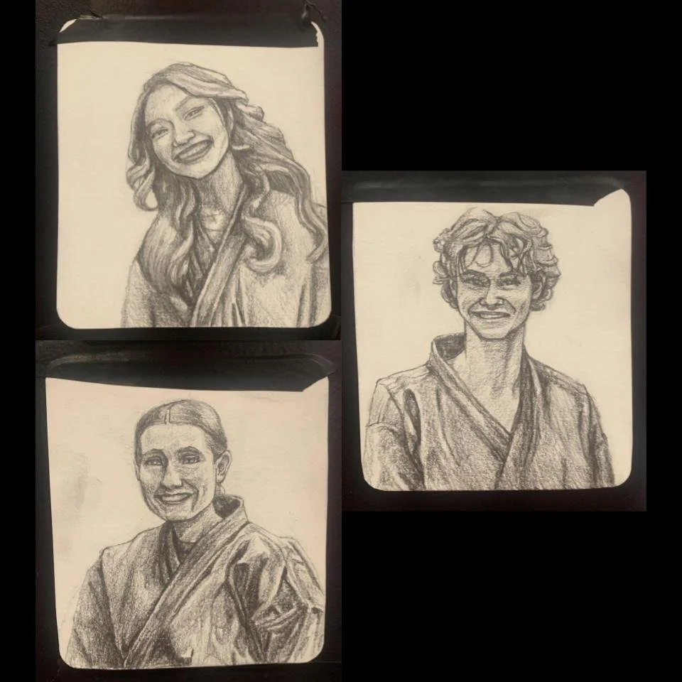Untitled, 2025, pencil on paper: This triptych of pencil drawings was created for my dojo friends who were heading off to university. It was created to express my best wishes, how much I would miss them, and my intent to stay in touch.
