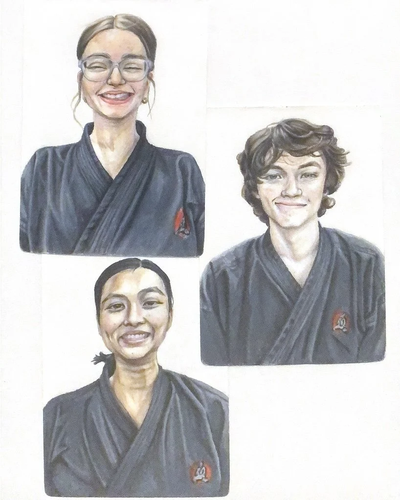 Untitled, 2024, coloured pencil on paper: This artwork is a triptych made up of three separate coloured pencil drawings of close friends that come together to make a cohesive piece. Each person depicted is one of my friends who I met and trained with