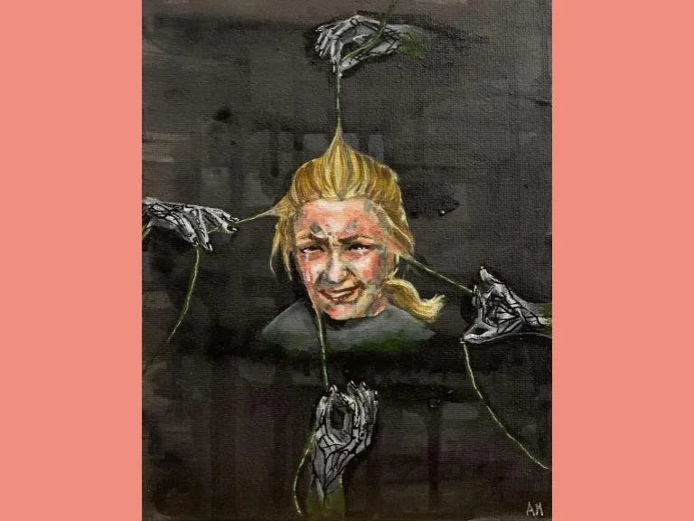 OCD, 2022, acrylic paint on canvas: 
This was created to represent OCD, which I was diagnosed with in 2019. This was not only made to express my own struggles, but also to spread awareness of mental health and let viewers know they are not alone in t