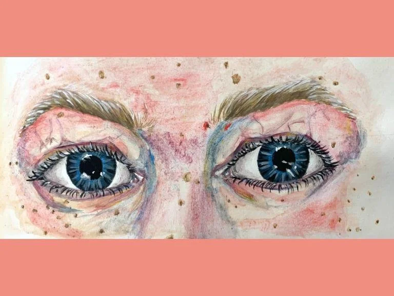 Beauty and Imperfections, 2021, watercolour on paper, 9.6 x 6.9 in: In this watercolour sketchbook piece, made for school, I reveal features that I like and that I don’t like, to show to be proud of our beauty and imperfections.
