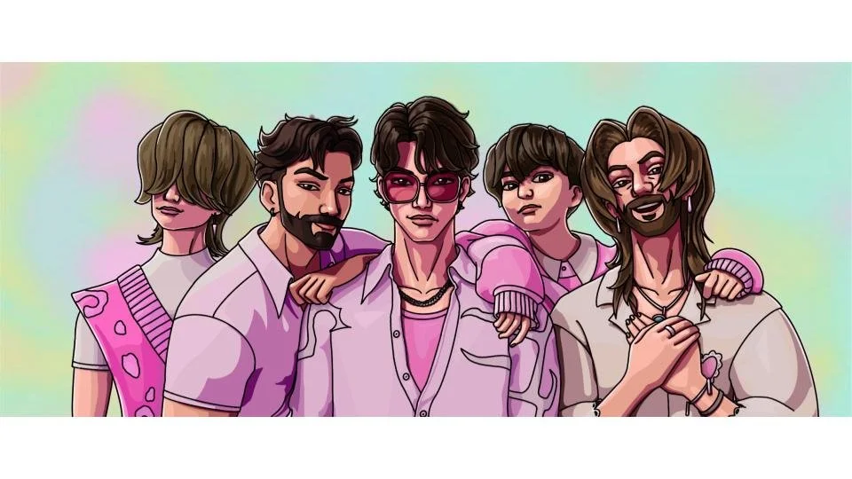 My friends and senseis in KPop Demon Hunters, 2025, digital: This was made as a gift to my friends and senseis. It is a second artwork made to complete the artworks requested by my friend. Credits for the original KPop Demon Hunters movie go to direc