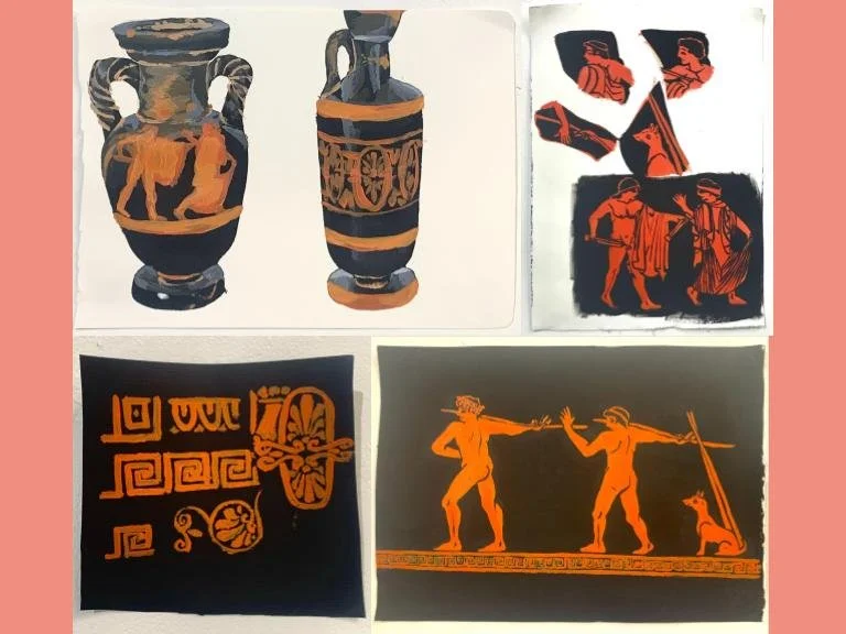 Untitled, 2023, acrylic paint on paper: 
This was created as another part of my second year painting class project, painting from the archives.