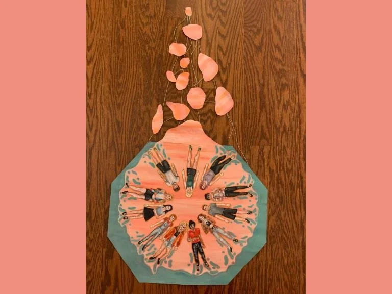 Friendship, 2021, acrylic paint on canva paper, 18.5 x 32 in: In this painting that I made for school, I represent loving everyone and our differences, by using the subjects of me and my unique friends. The people in the suggested heart shape in the 