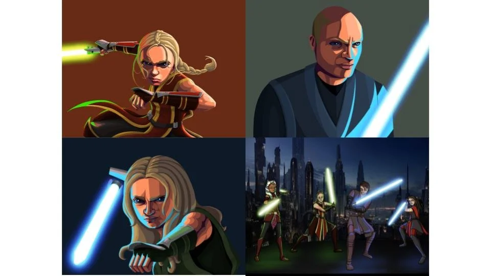 Me, My Sister, and My Dad in the Clone Wars, 2023, digital: This was made as a Christmas gift for my sister and father. Credits for the original Clone Wars series go to Dave Filoni. Credits for the background and Clone Wars character designs go to th