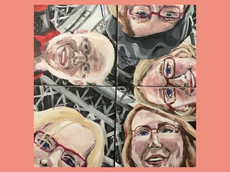 Ma famille sous le Tour Eiffel, 2021, acrylic on tile, 8.5 x 8.5 in: This piece was made as a gift to my family of a joyful memory in Paris, under the Eiffel tower.