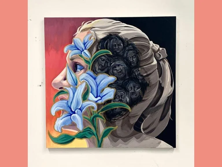 Self Portrait, 2023, acrylic paint on canvas: 
This was created as my final painting for my second year university painting class.
The project was about interior/exterior and on expanding our studies from the second project. I concentrated on beauty 