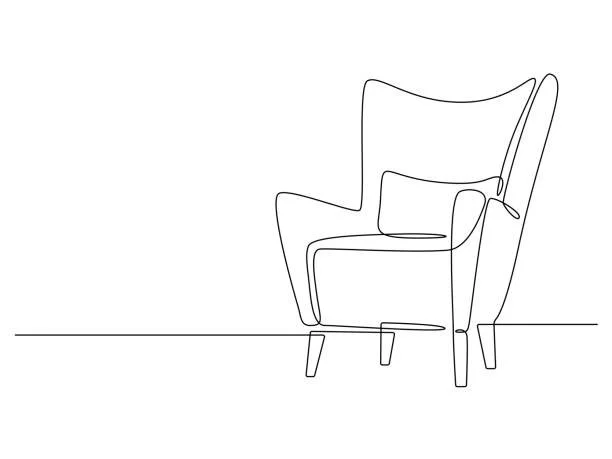 Line drawing of a high-back armchair with a cushion, viewed from the side.