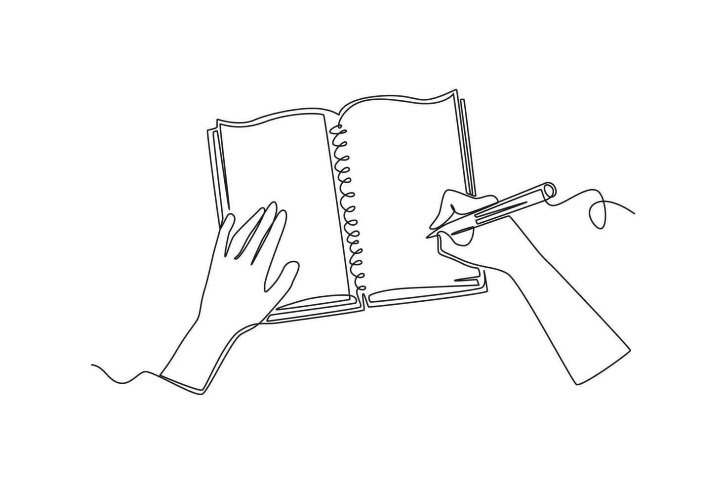 Line drawing of a person writing in a spiral notebook with their right hand, while holding the notebook with their left hand.