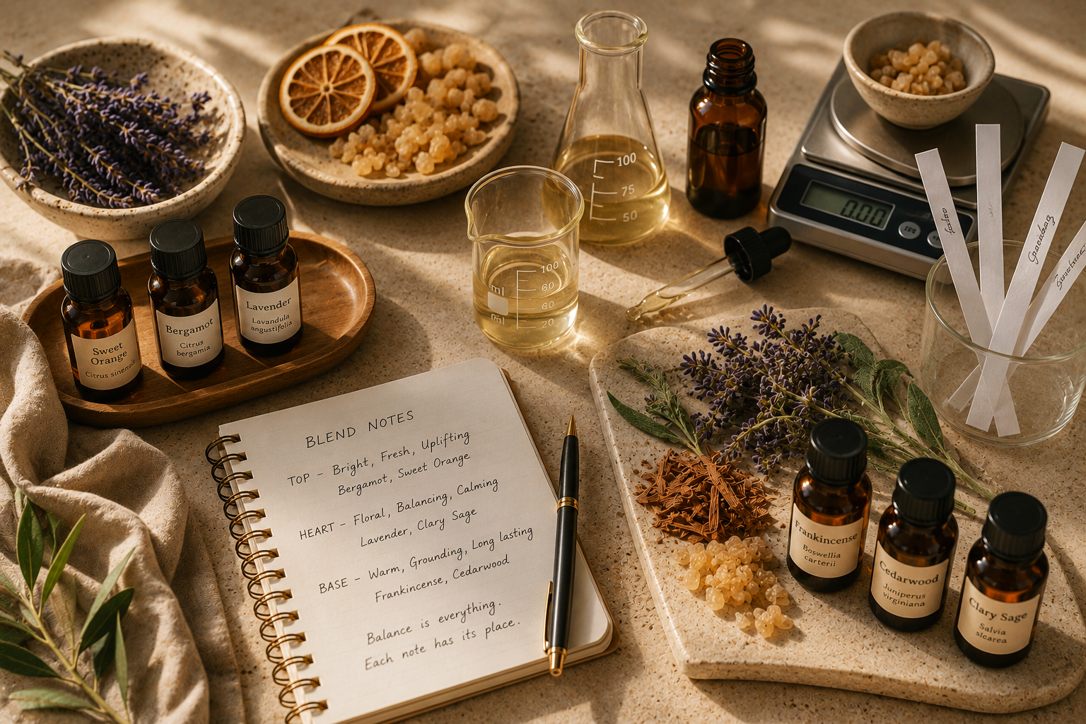 Flat lay of essential oils, dried botanicals, fragrance strips, laboratory glassware and handwritten blend notes used to create balanced aromatherapy candle blends.