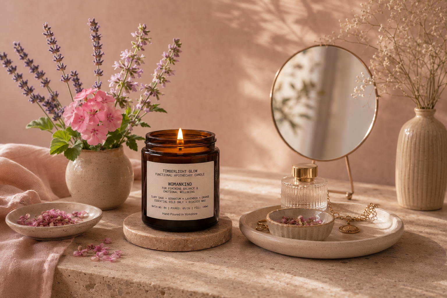 Lit TimberLight Glow WomanKind aromatherapy candle on a wooden vanity with fresh flowers, folded towels and natural daylight in a peaceful self-care setting.