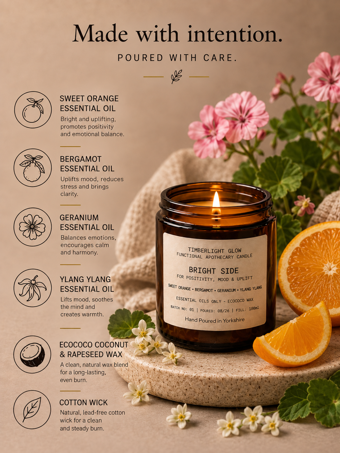 Bright Side candle ingredients including sweet orange, bergamot, geranium and ylang ylang essential oils.