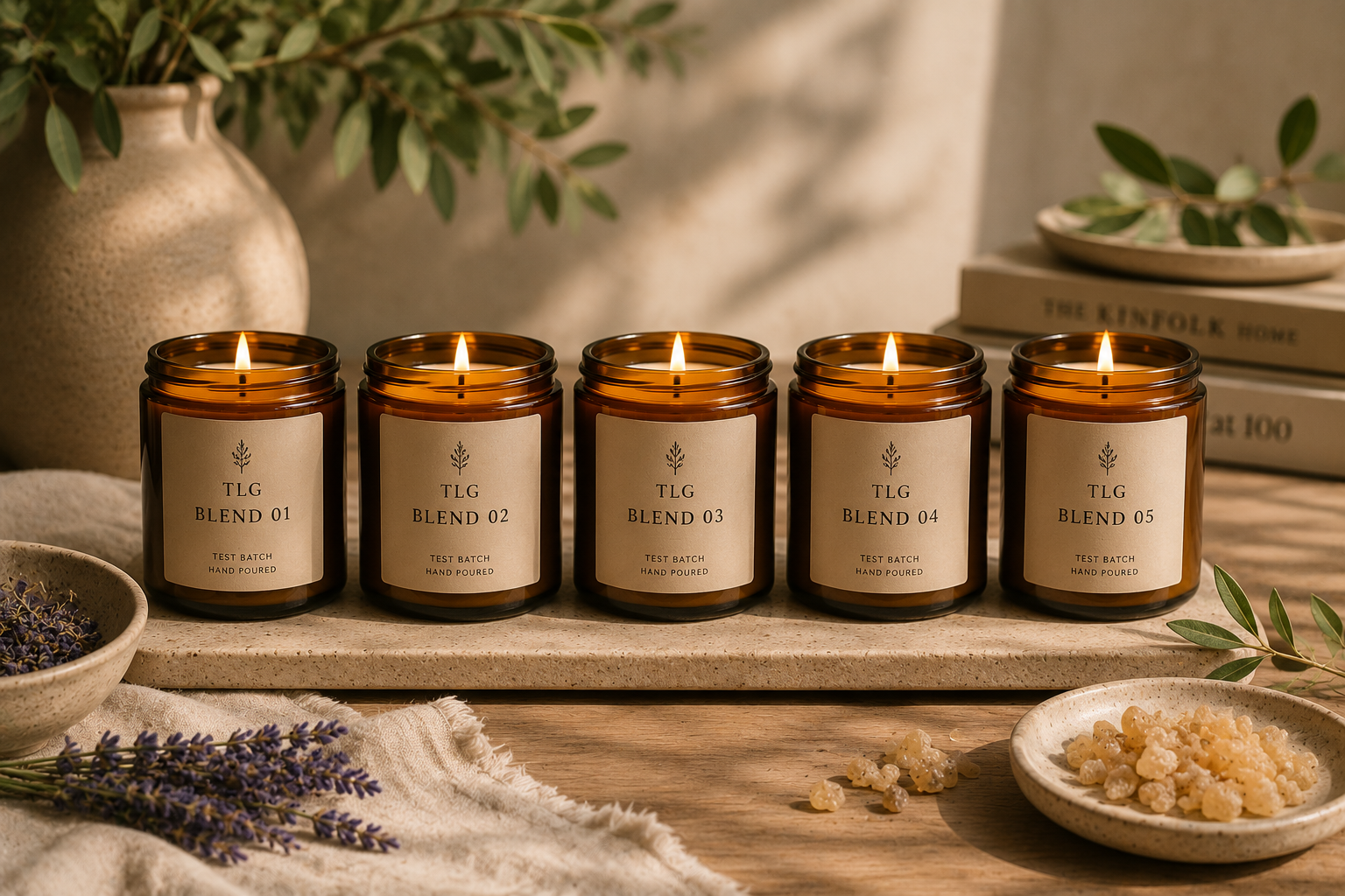 Five lit amber glass candles labelled TLG Blend 01 to TLG Blend 05 displayed on a stone tray with dried botanicals in a warm, neutral studio setting.