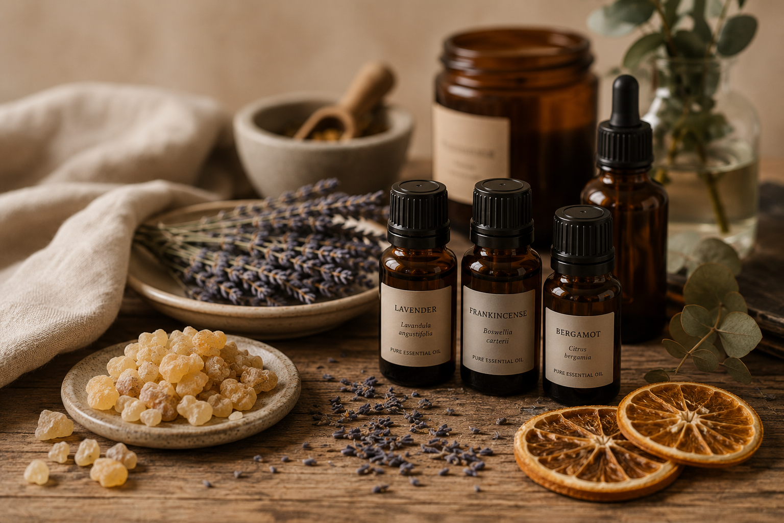 Amber bottles of lavender, frankincense and bergamot essential oils displayed with dried botanicals, frankincense resin and citrus on a wooden table.