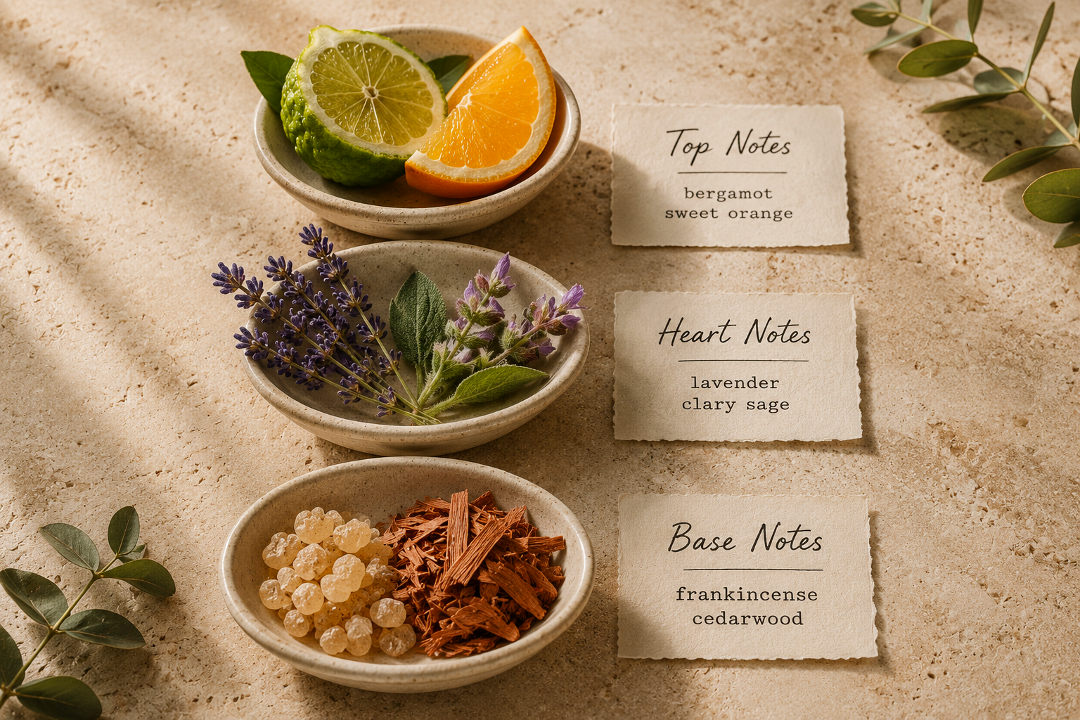 Bergamot, sweet orange, lavender, clary sage, frankincense resin and cedarwood arranged in groups representing top, heart and base fragrance notes.