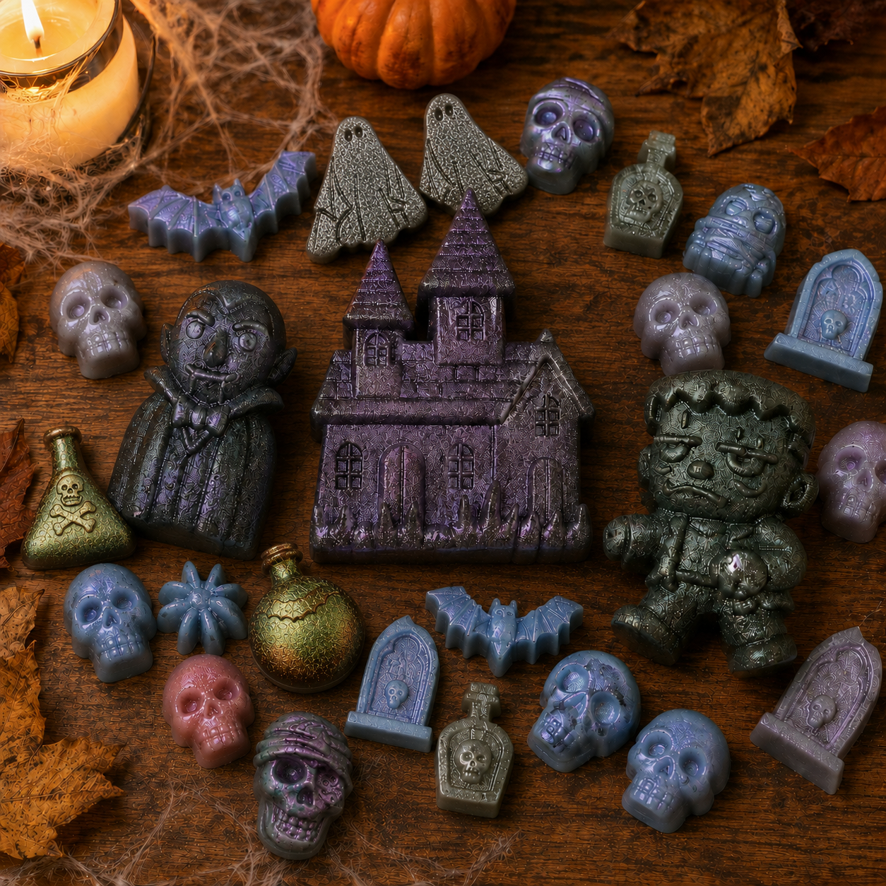 Assorted Halloween character wax melts with haunted house, skulls and spooky shapes