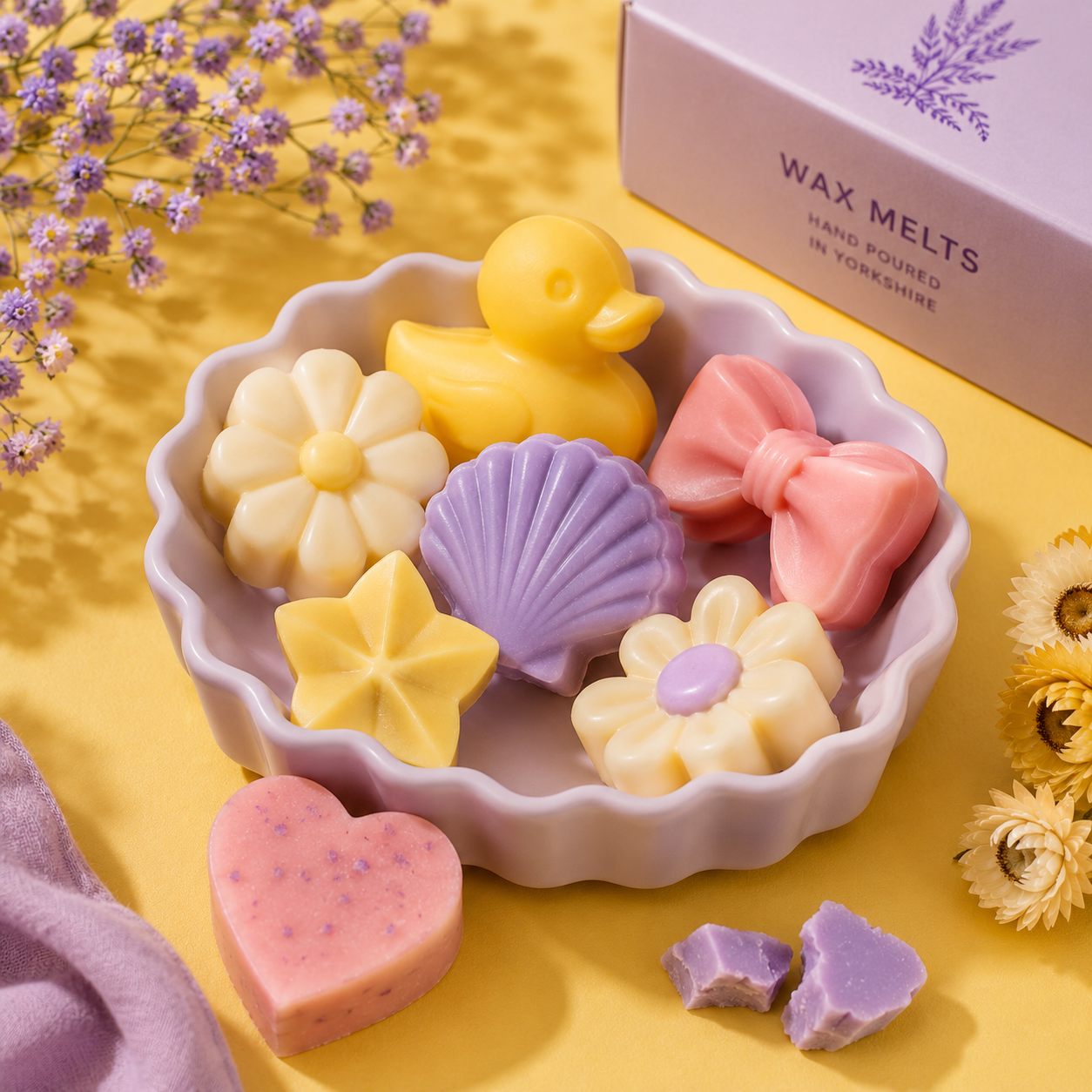 A white bowl filled with decorative soap or wax melts in the shapes of a yellow duck, pink bow, purple shell, yellow flower, star, and flower with a purple center. There are flowers and a pink heart-shaped soap outside the bowl. A purple box labeled 'Wax Melts' is in the background.