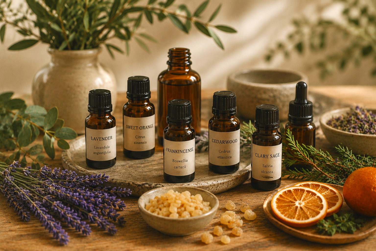 Amber bottles of pure essential oils with lavender, frankincense resin, cedarwood, clary sage and sweet orange botanicals arranged on a rustic wooden table in a warm aromatherapy setting.