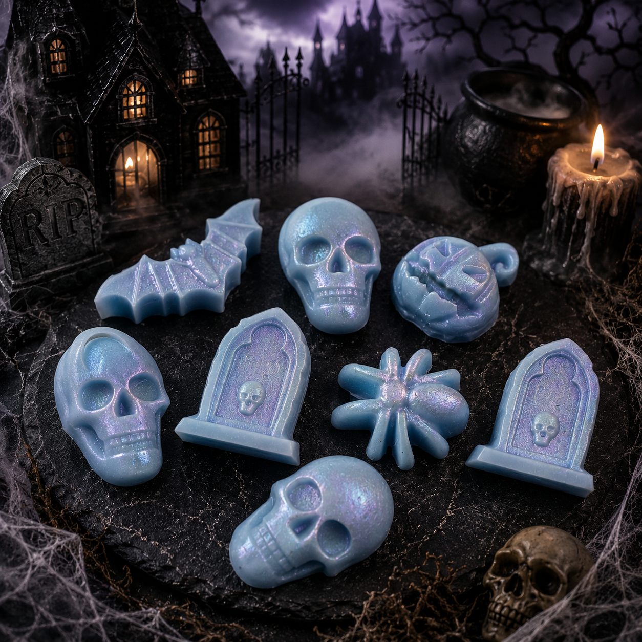 Blue and purple Halloween wax melts with skulls, bats and gravestones
