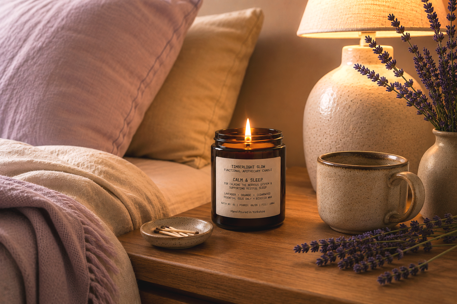 Lit TimberLight Glow Calm & Sleep aromatherapy candle on a bedside table with ceramic mug, knitted blanket and lavender beside a softly lit bedroom.
