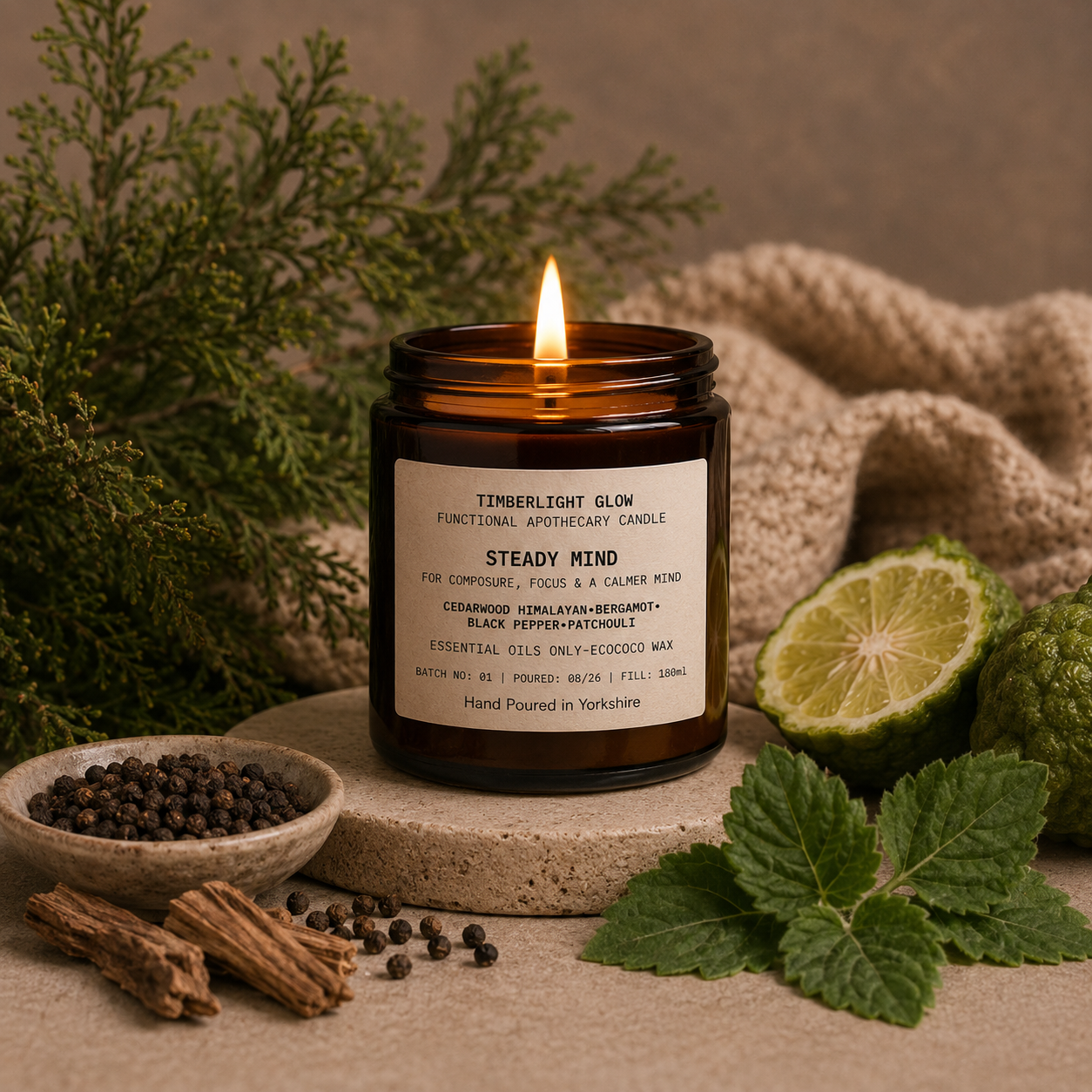 TimberLight Glow Steady Mind aromatherapy candle with Himalayan cedarwood, bergamot, black pepper and patchouli botanicals.