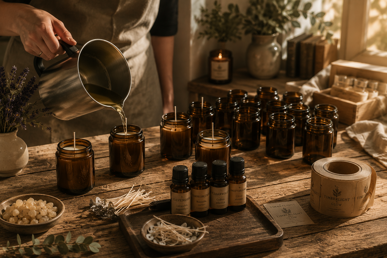 Hand pouring melted candle wax into amber glass jars on a small-batch candle-making workbench with essential oils, wicks and natural ingredients.
