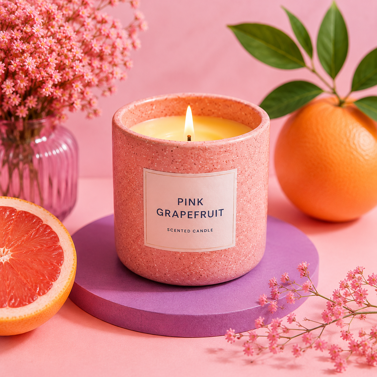 Pink Grapefruit scented candle by TimberLight Glow, styled with grapefruit, pink flowers and botanical details.